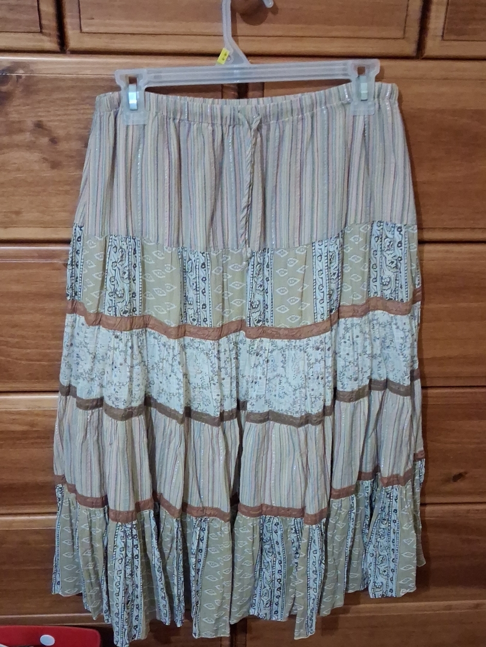 Bila Striped & Patchwork Beige Boho Midi Skirt Sz 14